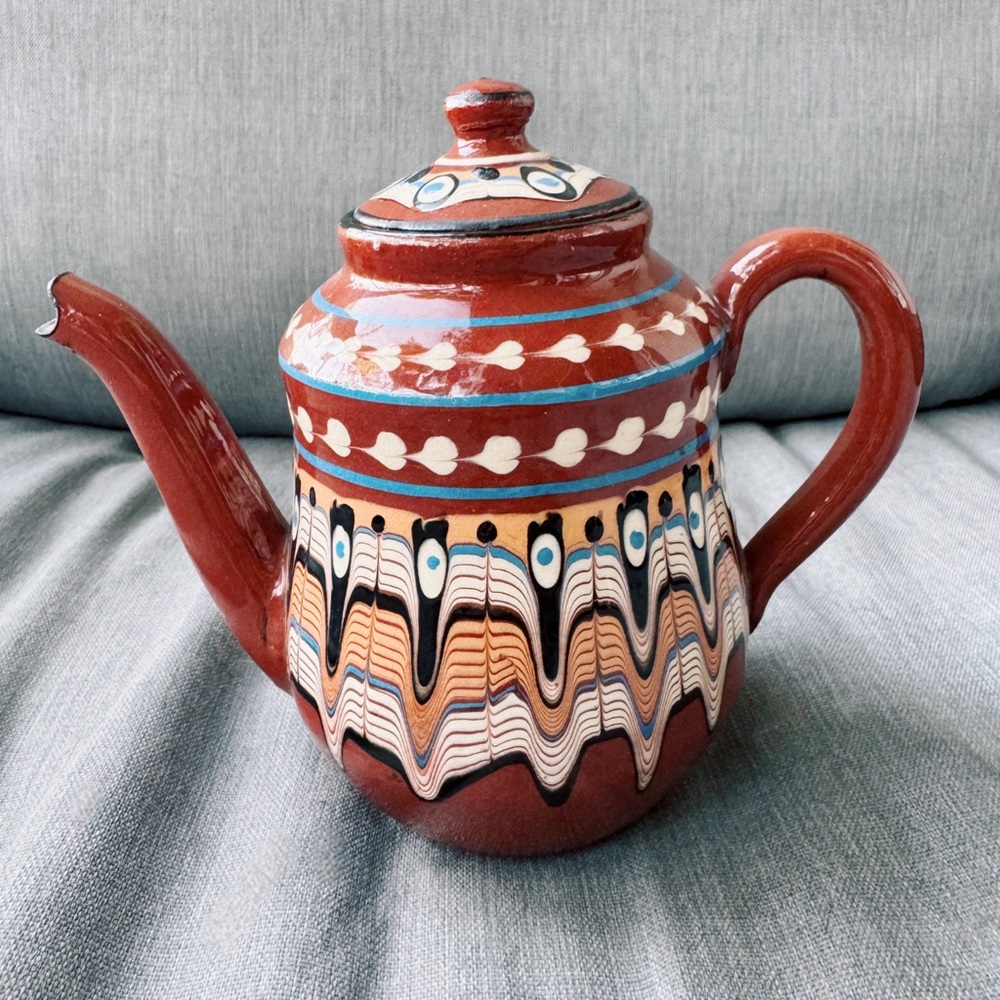 ✨Vintage Handmade Hand Painted Bulgarian Red Clay  Drip Swirl Pottery Tea Pot